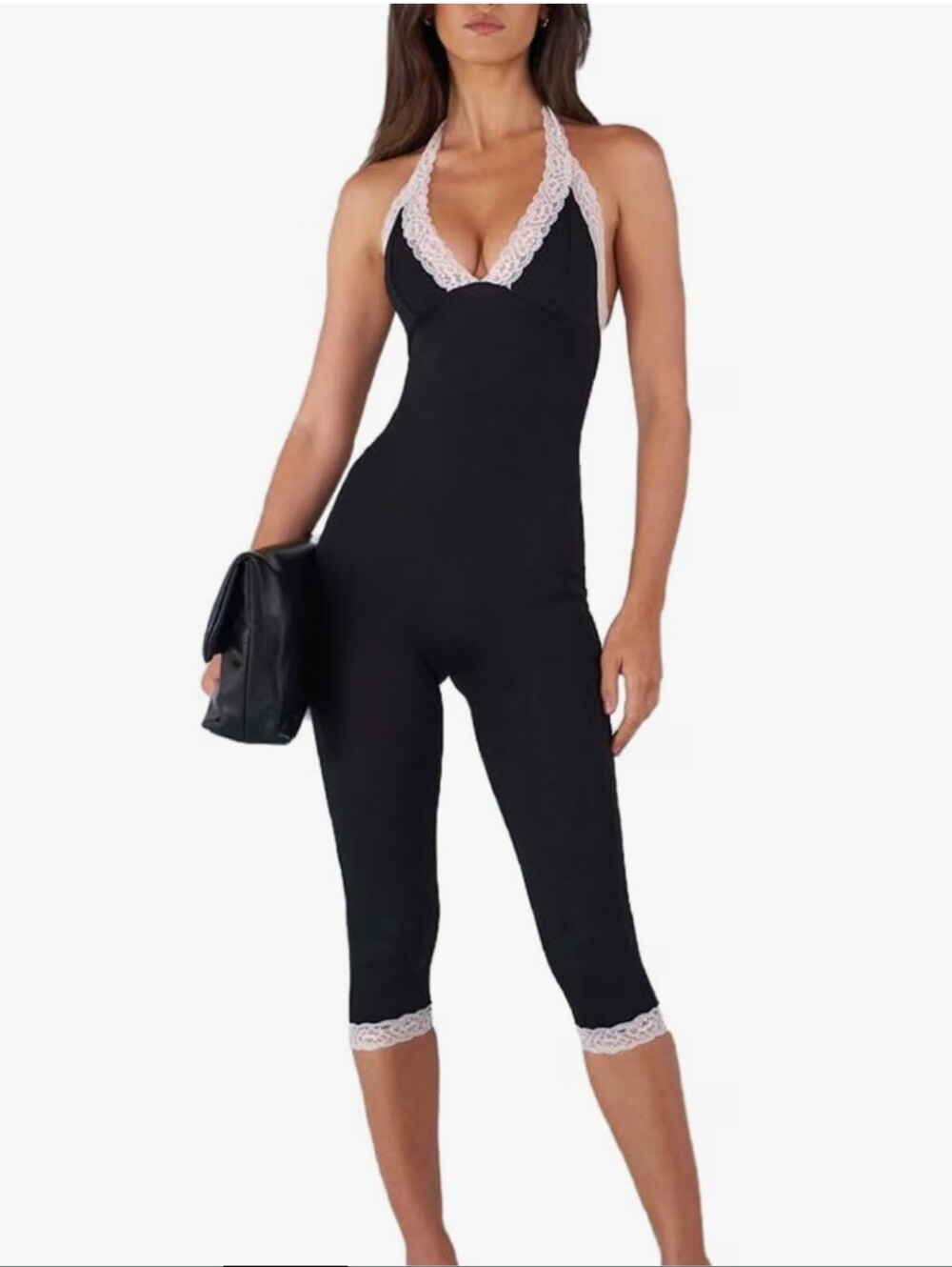 New Black Sexy Backless Lace Halter Bodycon Capri Jumpsuit Women’s Small